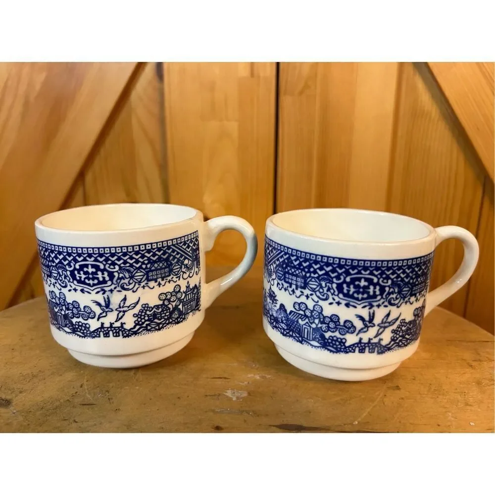 Set of 2 Vintage Blue Willow Coffee Tea Cups Mugs Made In USA 2 3/4
